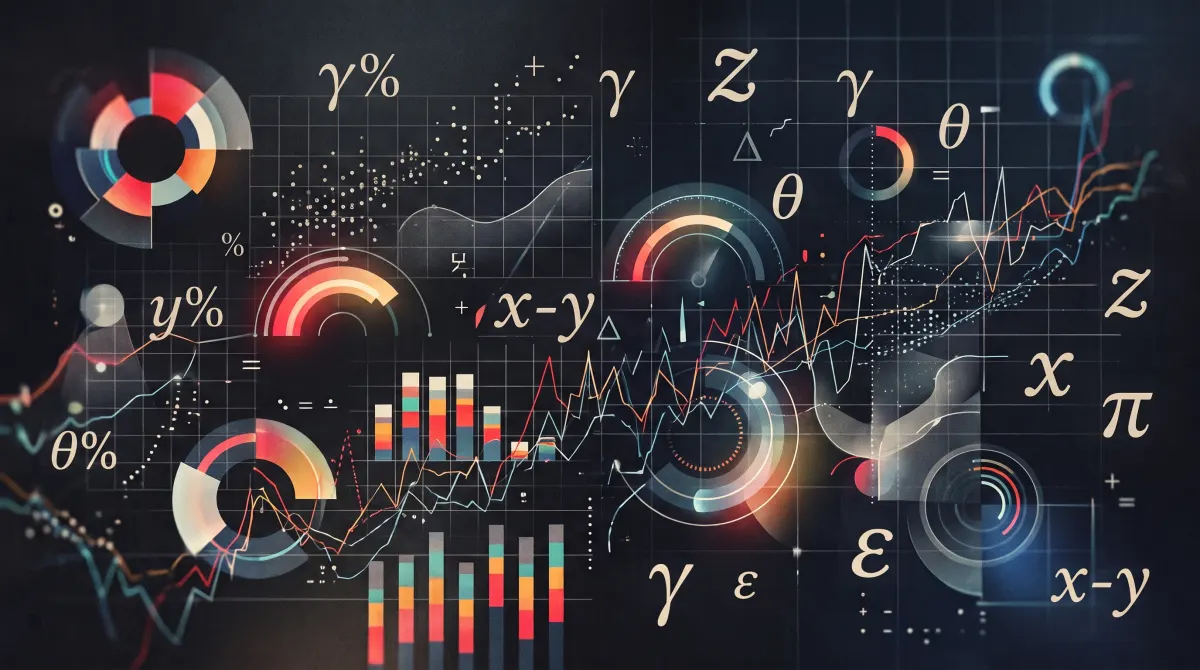 Abstract data visualizations and survey-style charts in orange, teal, and red on a dark background.